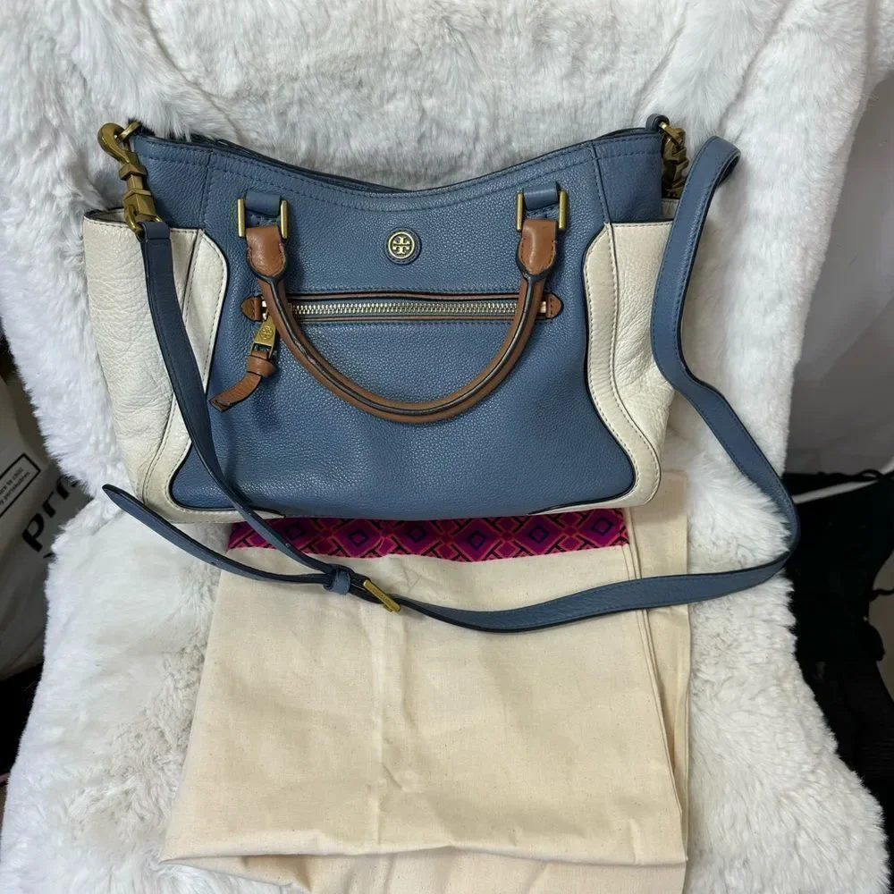 Tory Burch Frances Leather Satchel Tote in Comet Blue w/ White and Brown Trim